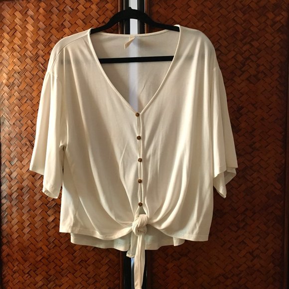 Wishlist Button Down Bamboo Semi Cropped Box Sleeve Front Tie Top - Picture 1 of 14